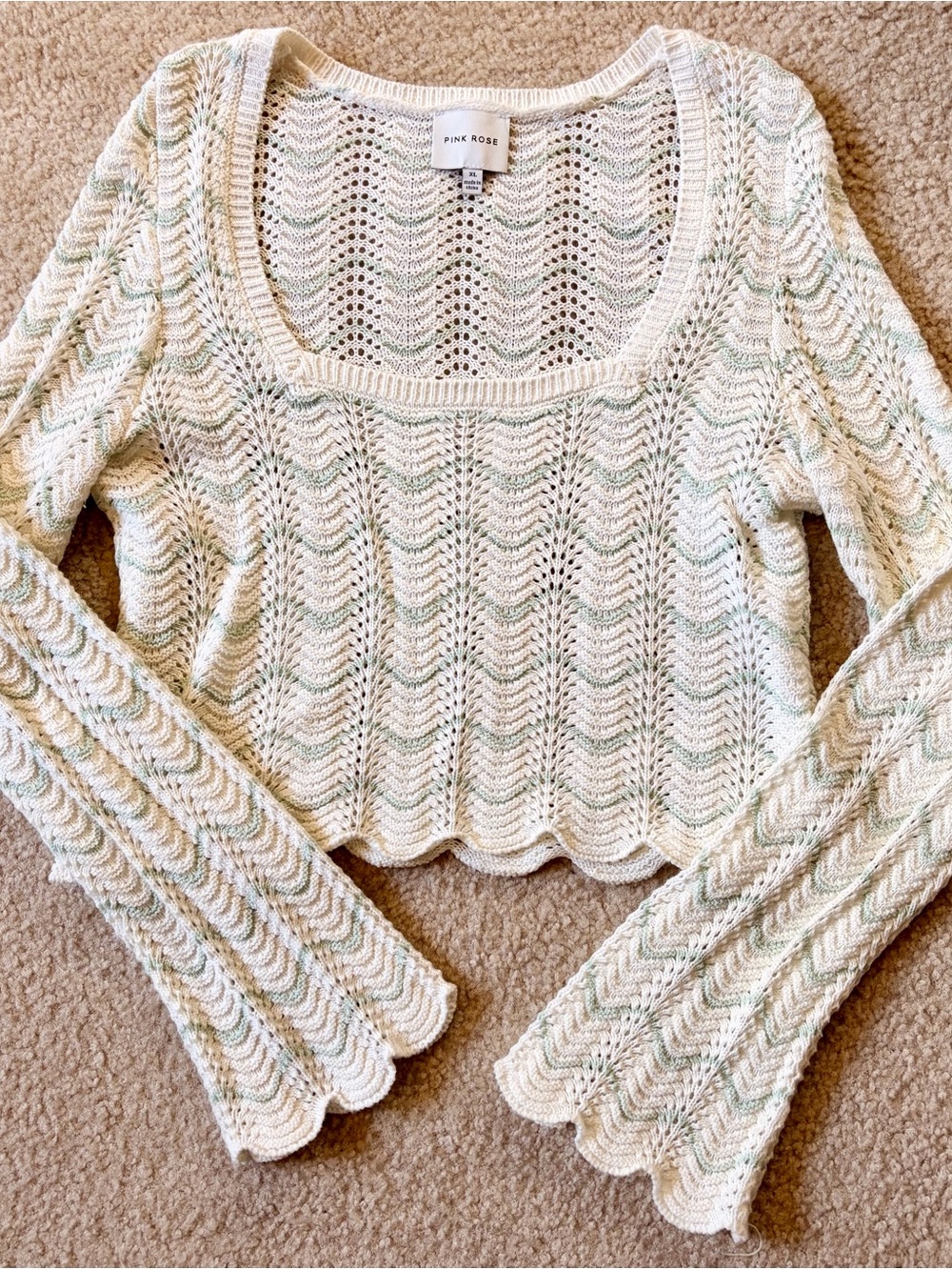 Pink Rose Cream Striped Crochet Cropped Sweater | Women | XL